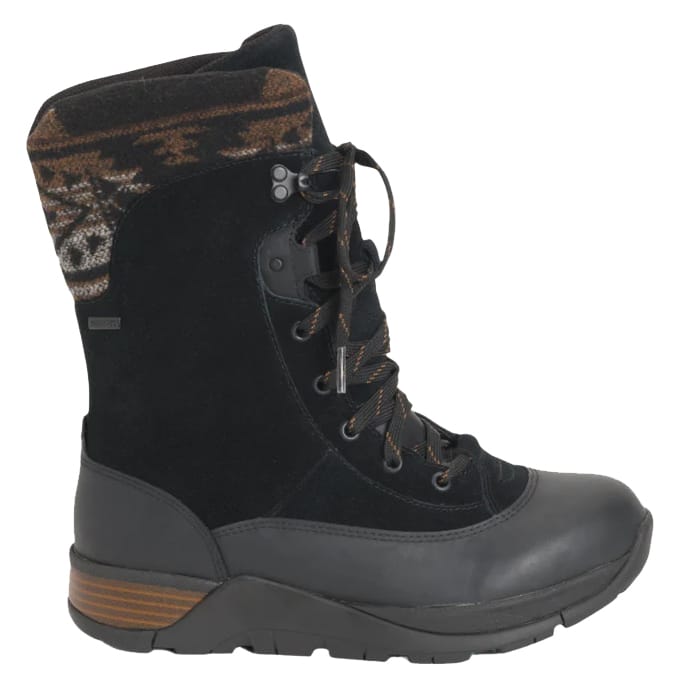 A black lace-up winter boot with a patterned fabric cuff, rugged sole, and rubberized toe for durability.