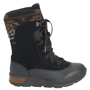 A black lace-up winter boot with a patterned fabric cuff, rugged sole, and rubberized toe for durability.