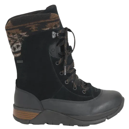 A black lace-up winter boot with a patterned fabric cuff, rugged sole, and rubberized toe for durability.