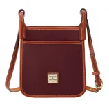 A burgundy crossbody bag with brown leather trim and adjustable strap, featuring a front pocket and a Dooney & Bourke logo.