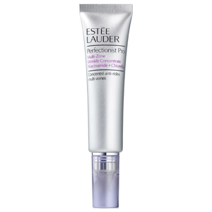 Estée Lauder's Perfectionist Pro is a multi-zone wrinkle concentrate featuring niacinamide and chlorella, designed to target wrinkles. The packaging is a sleek, silver tube with a purple cap.