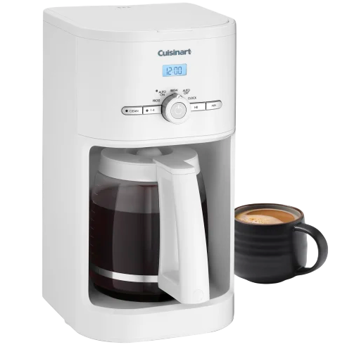 A white Cuisinart coffee maker with a digital display and buttons, accompanied by a black mug filled with coffee.
