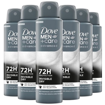 Six Dove Men+Care Advanced Invisible Dry spray deodorants offer 72-hour protection against white and yellow marks.