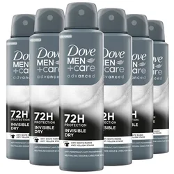 Six Dove Men+Care Advanced Invisible Dry spray deodorants offer 72-hour protection against white and yellow marks.