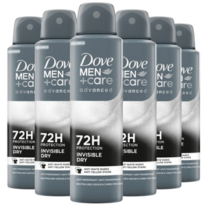 Six Dove Men+Care Advanced Invisible Dry spray deodorants offer 72-hour protection against white and yellow marks.
