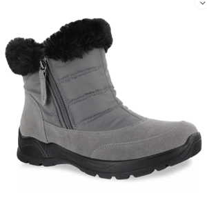 Gray winter boot with a side zipper, fur lining, and a sturdy black sole.