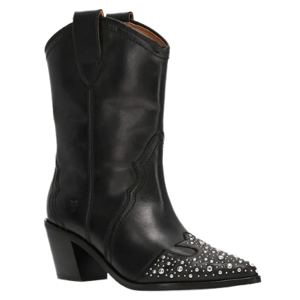 Black leather western-style boot with decorative silver studs on the pointed toe and a short block heel.