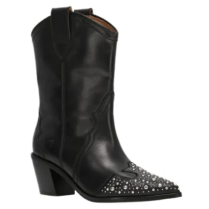 Black leather western-style boot with decorative silver studs on the pointed toe and a short block heel.