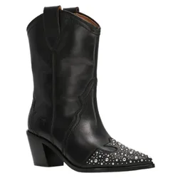 Black leather western-style boot with decorative silver studs on the pointed toe and a short block heel.