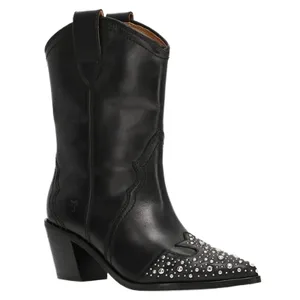 Black leather western-style boot with decorative silver studs on the pointed toe and a short block heel.