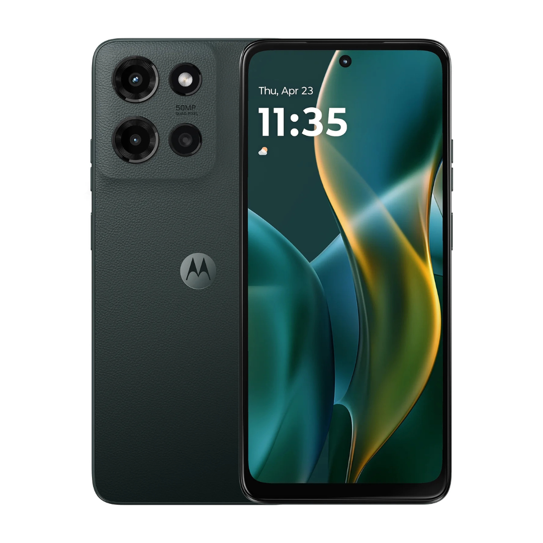 Motorola smartphone with a green back cover, featuring a triple camera setup marked with \“50MP,\“ and a hole-punch front camera display showing the time and date.