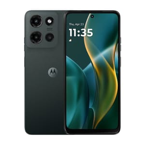 Motorola smartphone with a green back cover, featuring a triple camera setup marked with \“50MP,\“ and a hole-punch front camera display showing the time and date.