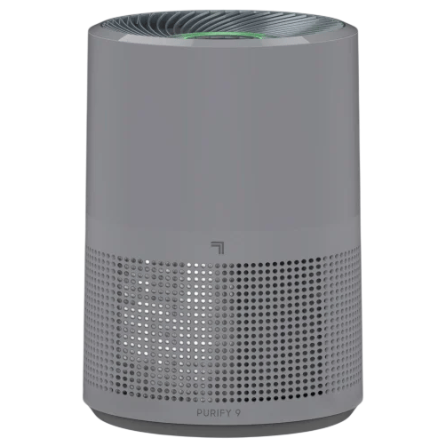 A cylindrical air purifier with a grey design and perforated exterior for air intake and filtration.