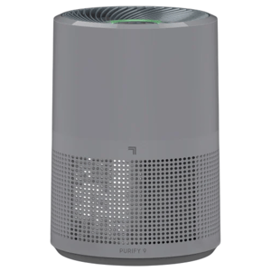 A cylindrical air purifier with a grey design and perforated exterior for air intake and filtration.