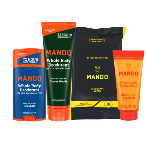 A collection of MANDO deodorant products, including a solid stick, cream, body wash, and deodorant wipes in various scents.