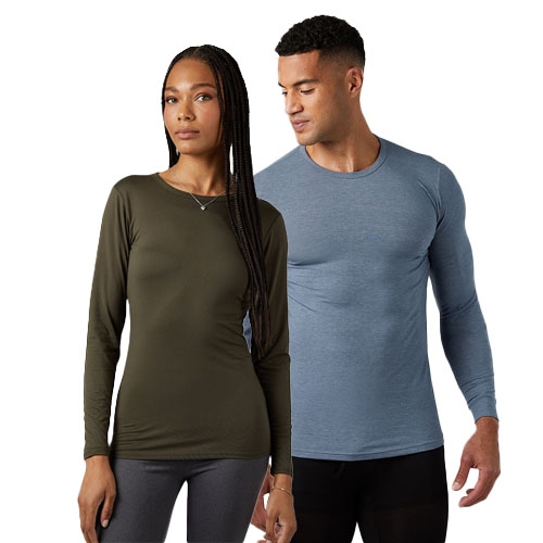 Long-sleeve shirts designed for active wear; one is olive green, the other is light blue. Both models showcase the fit and style for men and women.