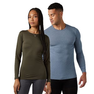Long-sleeve shirts designed for active wear; one is olive green, the other is light blue. Both models showcase the fit and style for men and women.