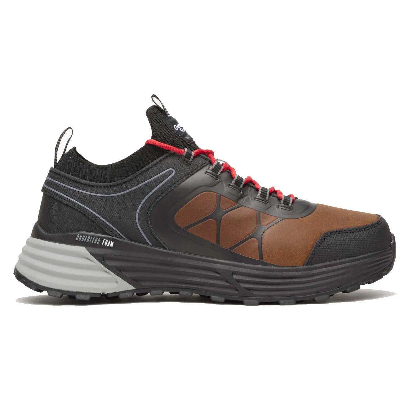 A black and brown hiking shoe with red laces, featuring a rugged sole and \“Double Density Foam\“ technology for enhanced comfort and support.