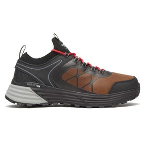 A black and brown hiking shoe with red laces, featuring a rugged sole and \“Double Density Foam\“ technology for enhanced comfort and support.