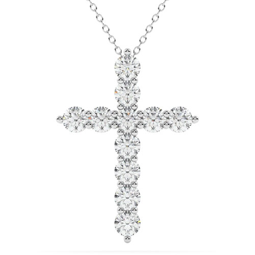A cross-shaped pendant necklace featuring multiple round, sparkling diamonds set in a silver or white gold chain.