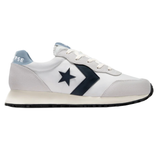 White and light blue athletic sneaker with a navy star and chevron logo on the side, featuring a white midsole and black outsole.