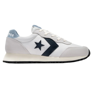White and light blue athletic sneaker with a navy star and chevron logo on the side, featuring a white midsole and black outsole.