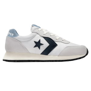 White and light blue athletic sneaker with a navy star and chevron logo on the side, featuring a white midsole and black outsole.