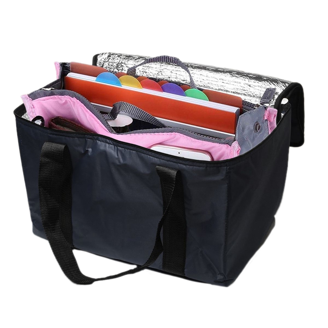 Black nylon tote with black handles, featuring a pink interior and organized compartments for documents, notebooks, and small items.