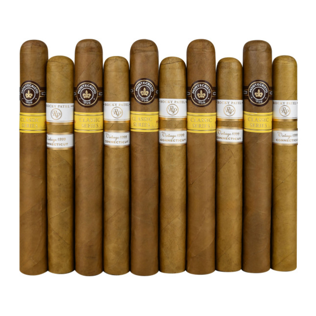 A selection of cigars featuring Rocky Patel Vintage 1999 and Montecristo Classic Series, both with Connecticut wrappers.