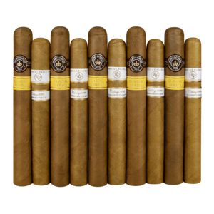 A selection of cigars featuring Rocky Patel Vintage 1999 and Montecristo Classic Series, both with Connecticut wrappers.