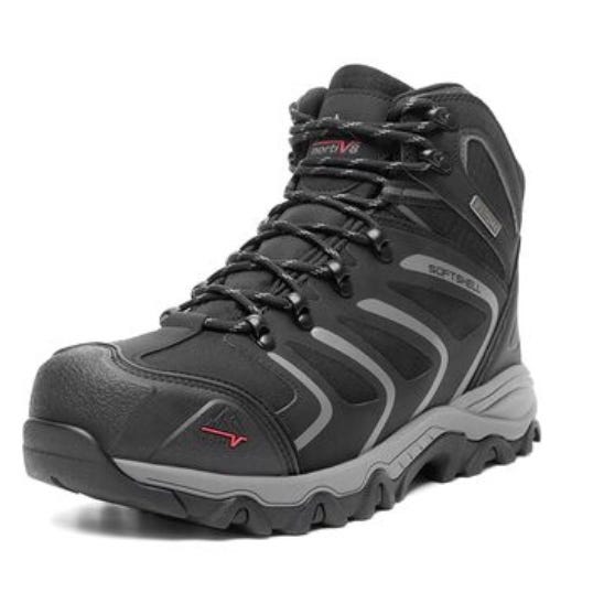 Black hiking boot with rugged design, featuring a soft shell upper, secure lacing, and sturdy tread for outdoor activities.
