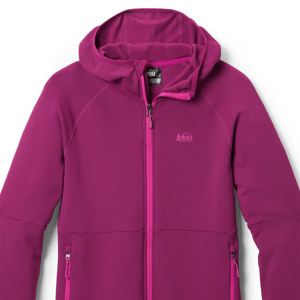 Purple zip-up fleece jacket with hood and branded logo on chest.