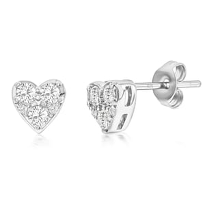 Heart-shaped stud earrings with clustered round diamonds in a white metal setting, featuring a post and butterfly back.