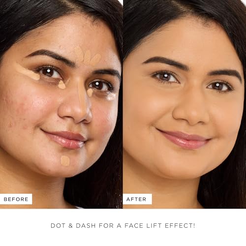 Before-and-after images show a face with foundation applied in a dot-and-dash pattern for a facelift effect, resulting in smoother skin and even complexion.