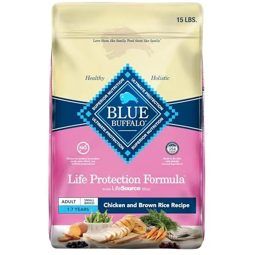 Blue Buffalo Life Protection Formula, 15 lbs, for small breed adult dogs aged 1-7 years, chicken and brown rice recipe, with LifeSource Bits.