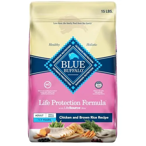 Blue Buffalo Life Protection Formula, 15 lbs, for small breed adult dogs aged 1-7 years, chicken and brown rice recipe, with LifeSource Bits.