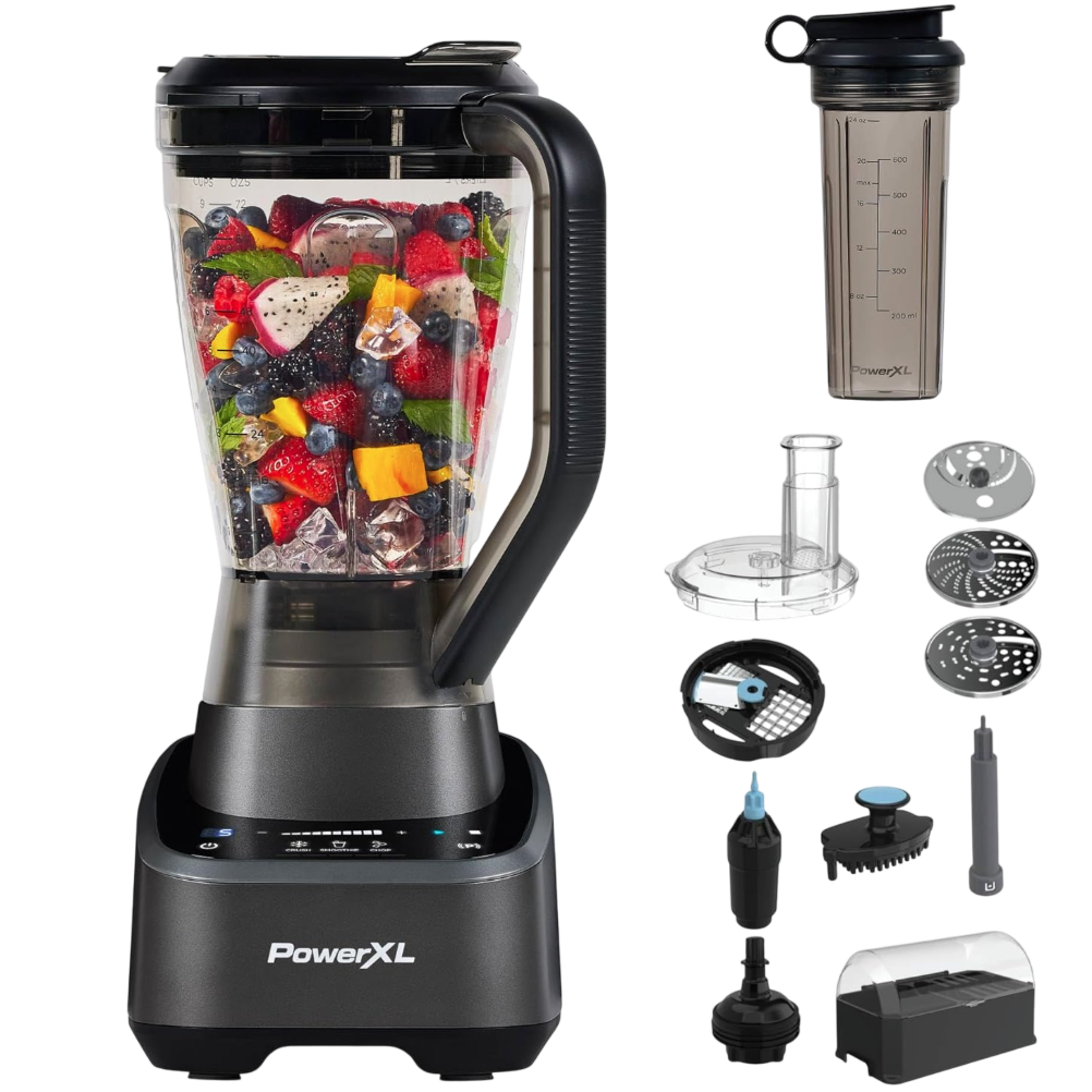 PowerXL blender set with various accessories, including a blending jar filled with fruits and ice, a personal blending cup, food processing attachments, blade assemblies, and cleaning tools.