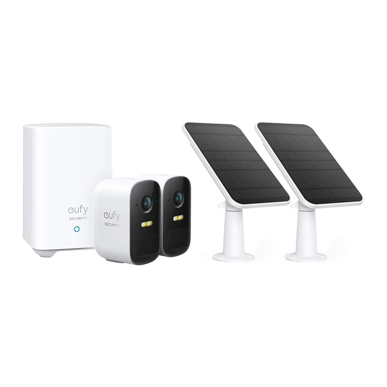 Eufy 2-Cam Kit with Solar Panels includes two security cameras, a base station, and two solar panels for continuous power. The cameras are designed for outdoor security, offering wireless functionality and integration with solar energy sources.