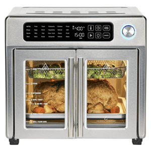 A stainless steel air fryer oven with French doors, digital controls, and multiple cooking functions like air fry, bake, rotisserie, and slow cook, featuring a labeled interior with food being cooked.