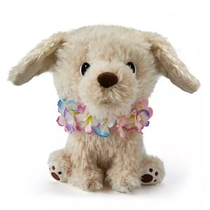 A plush toy puppy with floppy ears, wearing a colorful flower lei around its neck. Its fur is light beige, and it has big, round eyes and a small brown nose.