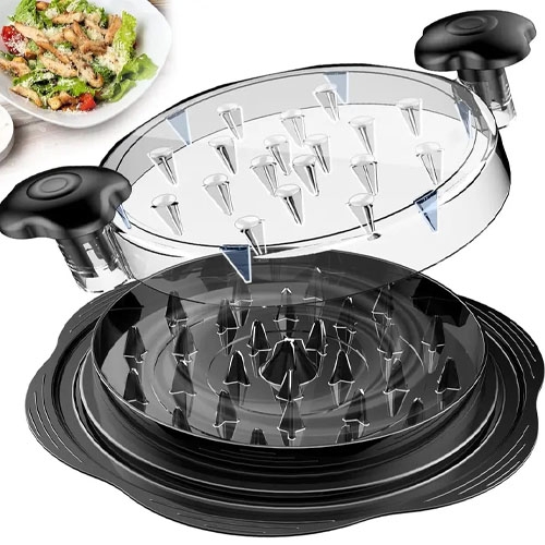 Salad chopper bowl with a lid featuring built-in blades for quick slicing.