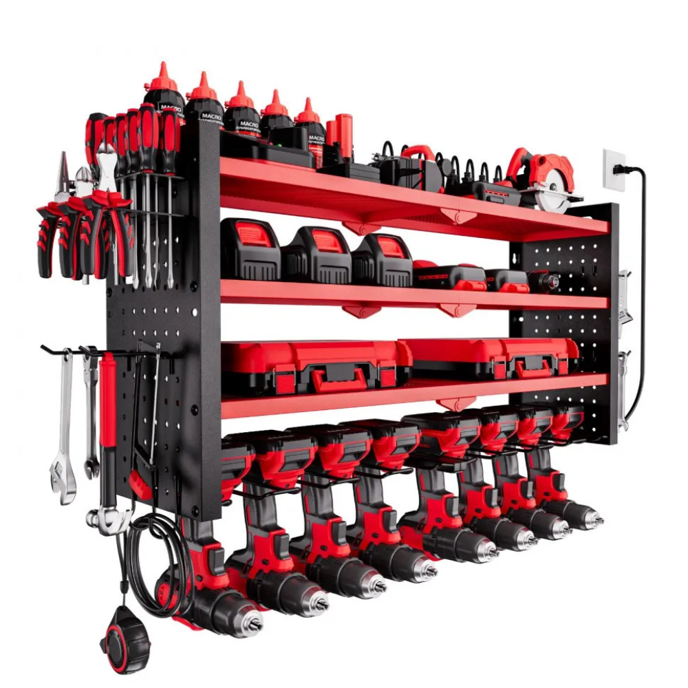 Wall-mounted tool storage system with shelves holding drills, batteries, and cases in black and red, alongside organized hand tools like screwdrivers and wrenches.