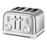 A stainless steel four-slice toaster with bagel, defrost, reheat, and cancel functions, featuring two control knobs and lever slides for adjusting browning levels.