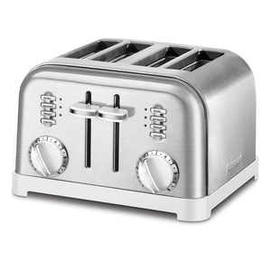 A stainless steel four-slice toaster with bagel, defrost, reheat, and cancel functions, featuring two control knobs and lever slides for adjusting browning levels.