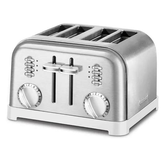 A stainless steel four-slice toaster with bagel, defrost, reheat, and cancel functions, featuring two control knobs and lever slides for adjusting browning levels.