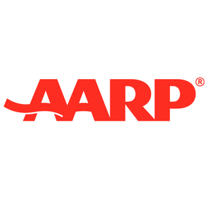The logo is for AARP, an organization offering a one-year membership aimed at supporting the needs and interests of people aged 50 and over.