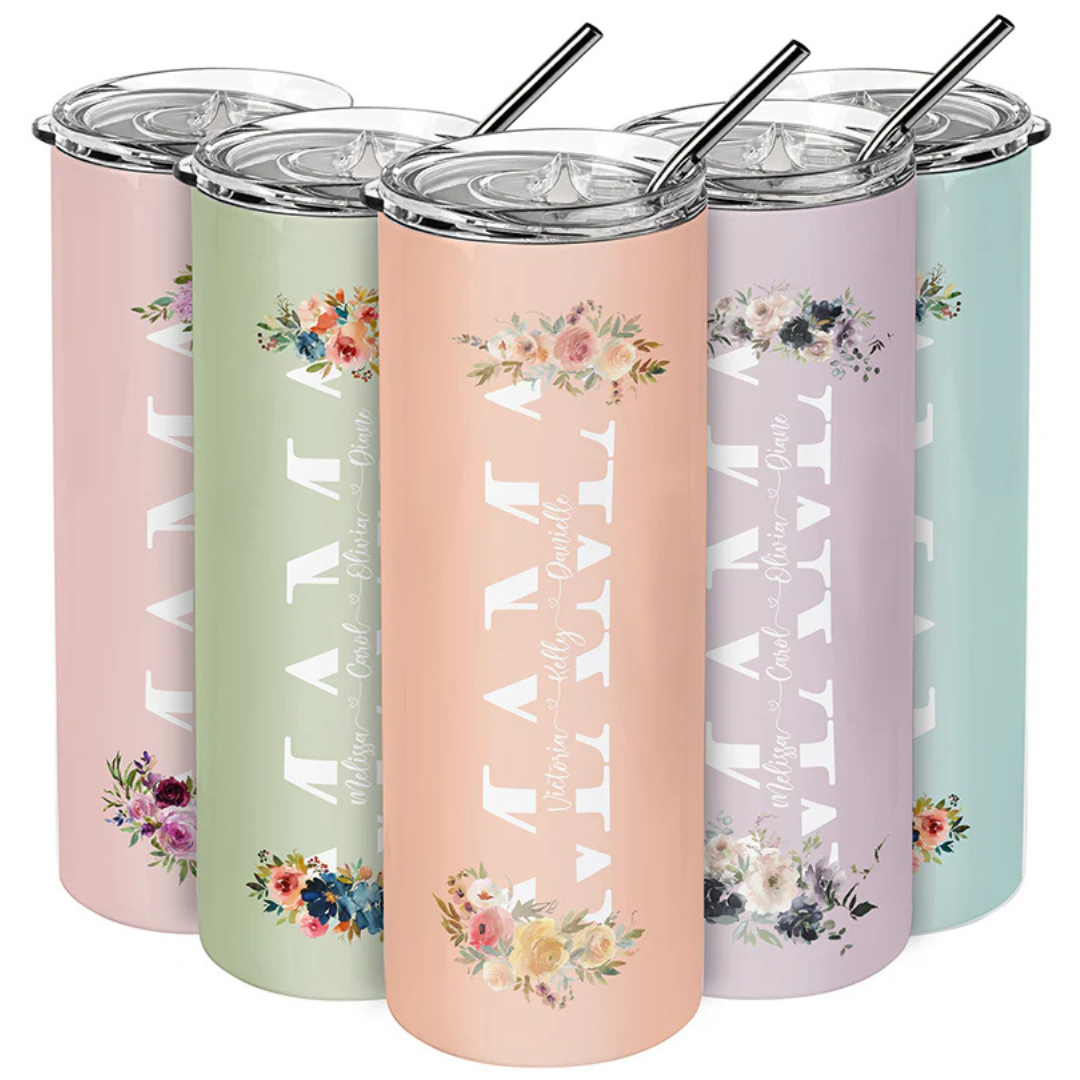 Colorful floral-themed tumblers with straws, each featuring the word \“MAMA\“ in bold letters and personalized names beneath.