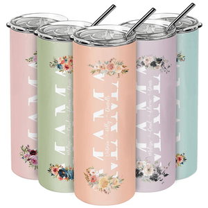 Colorful floral-themed tumblers with straws, each featuring the word \“MAMA\“ in bold letters and personalized names beneath.