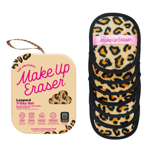 Leopard 7-Day Set of reusable Make Up Eraser pads with a leopard print design. Includes packaging highlighting features like alcohol and fragrance-free cleaning with just water.