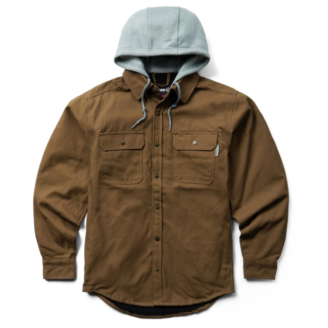 Brown hooded work shirt with button closure, gray drawstring hood, and two chest pockets.